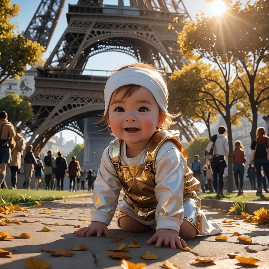 Happy Baby Girl Crawling Near Eiffel Tower as Anime Art