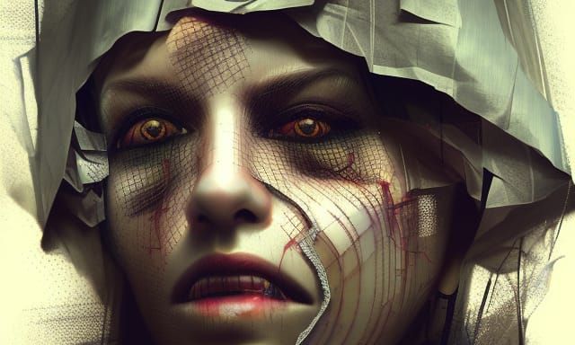 Bandaged Man with Old Woman, Photorealistic Illustration