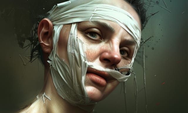 Bandaged Man with Old Woman: Photorealistic 3D Render