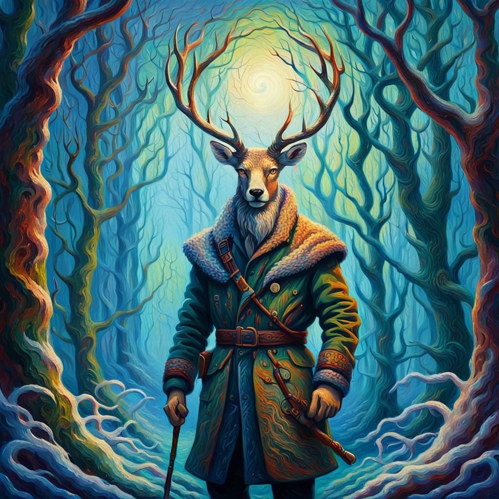 helical hunter, twisted antlers, patterned fur, enchanted forest, whimsical creature, digital painting, vivid colors, intricate details, oth...