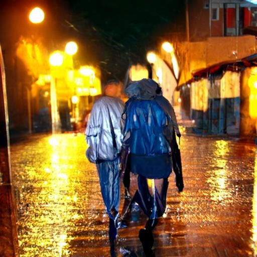 Couple walking down the street late at night in the rain