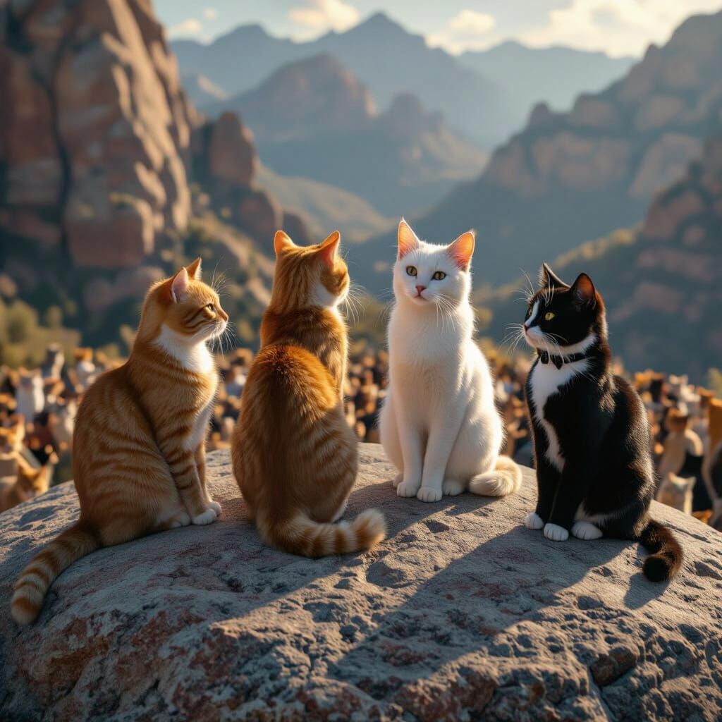 Four Cats Overlook Feline Crowd on Rock Formation