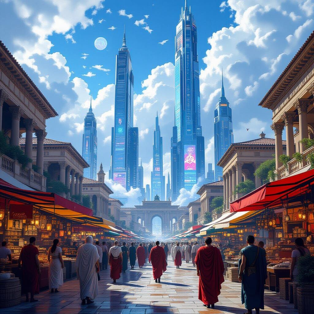 : imagine a bustling marketplace in ancient Rome, but with towering futuristic skyscrapers in the distance. ...  by @undefined