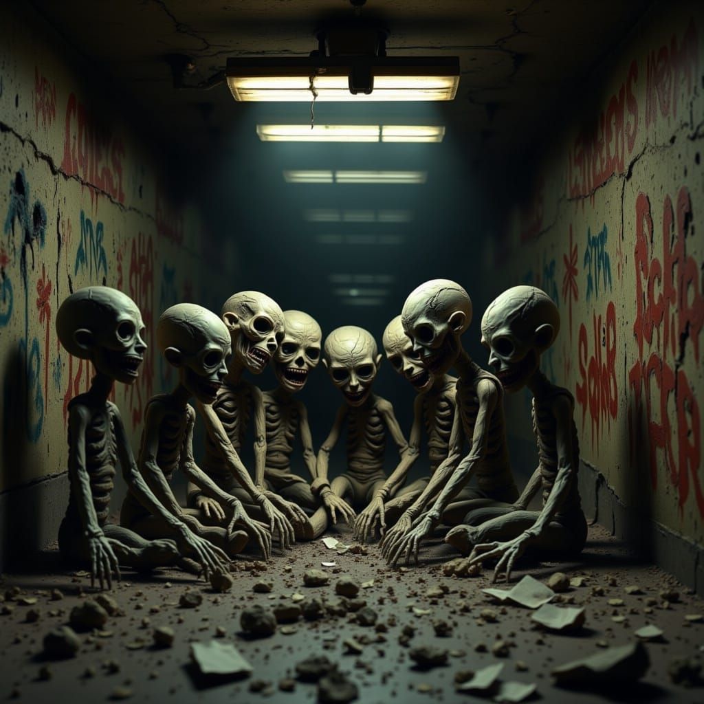 In a dark, abandoned subway station, a group of claymation figures with hollow eyes and stitched-together bodies huddle around a flickering ...