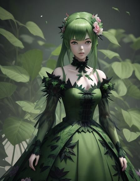 Monster doll woman with beautiful green leafs with flowers d...
