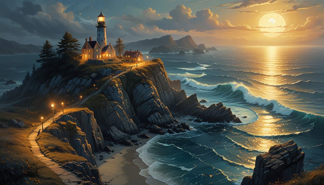 Masterpiece. Lighthouse standing on a rocky cliff at sunset 