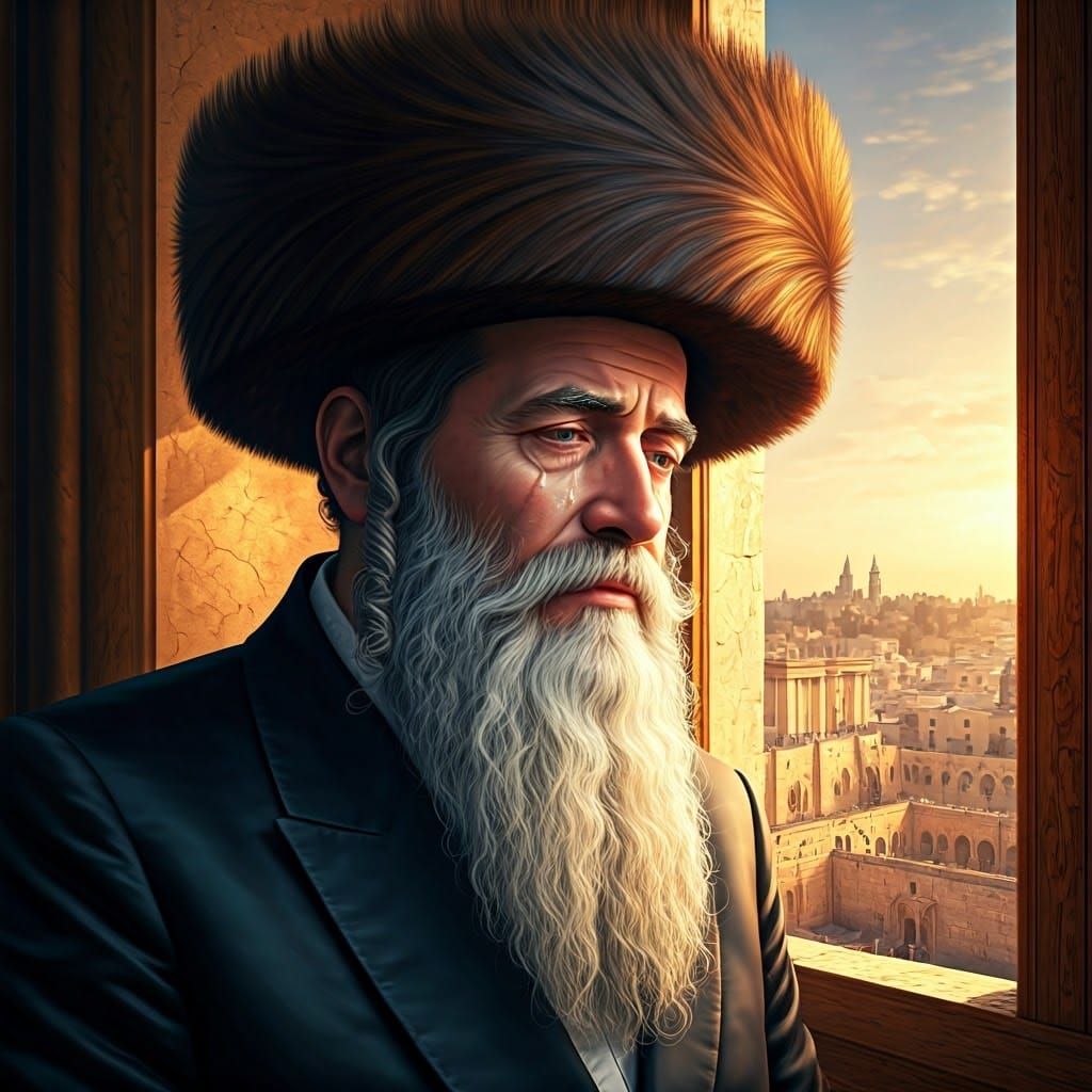 גבר יהודי חרדי בוכה בלבוש מסורתי, זקן לבן ושחור ופאות שחורות...
