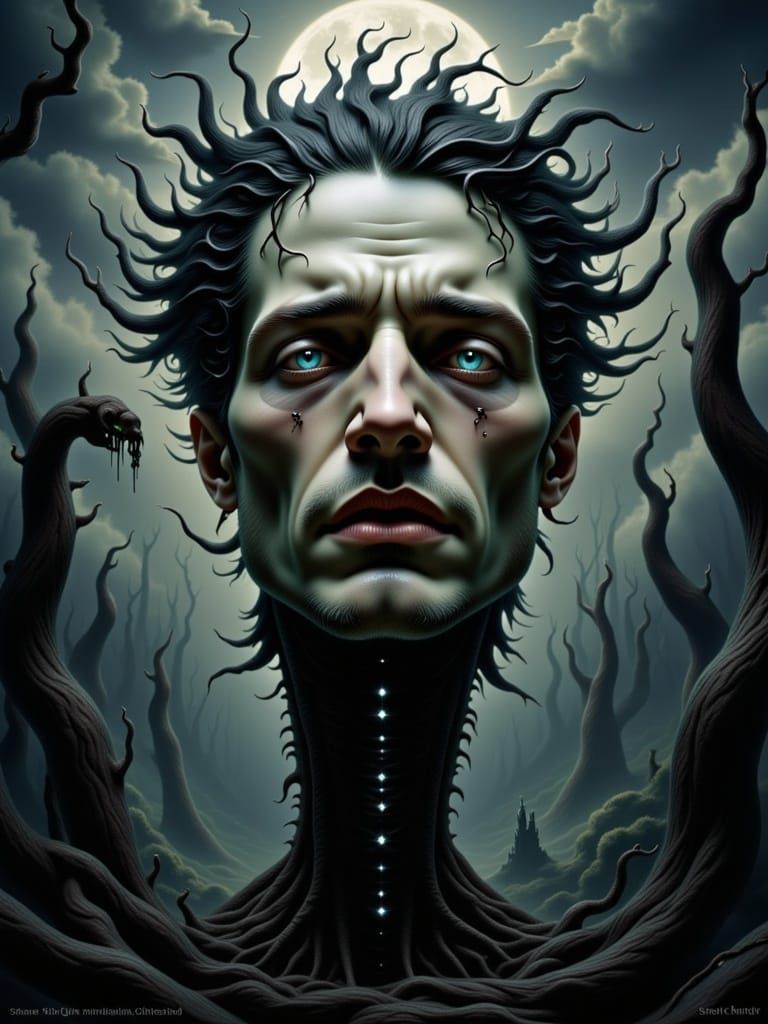 A hauntingly beautiful and macabre artwork featuring a disembodied male head with a melancholy and pained expression. The head is adorned wi...