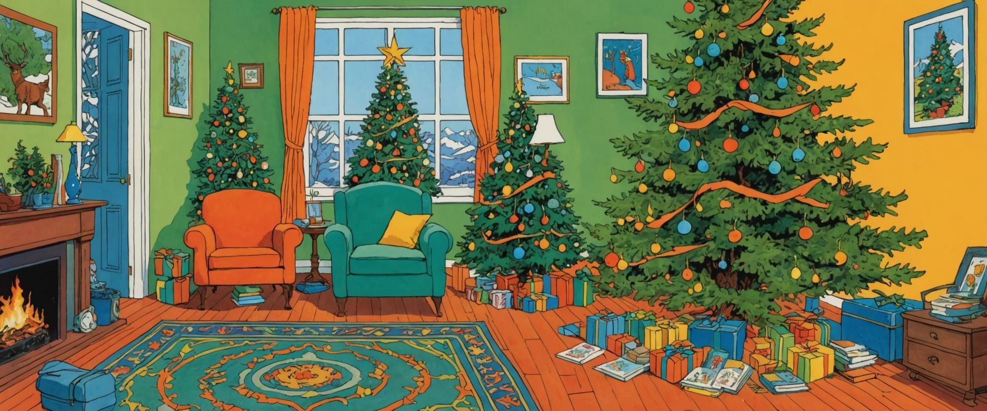 christmas at home, tree, presents, lights, bright, comic book style, moebius, ghibli, erin hanson, gouache, watercolor, mossy green, indigo ...