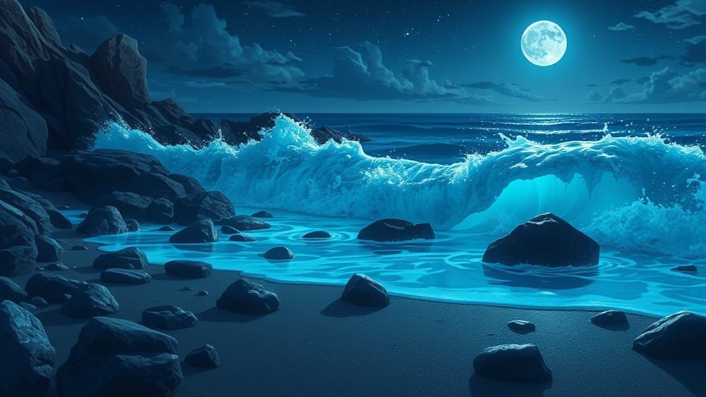 Bioluminescent waves crashing against a rocky shoreline on a moonlit night. The water glows with an ethereal ...  by @Holger