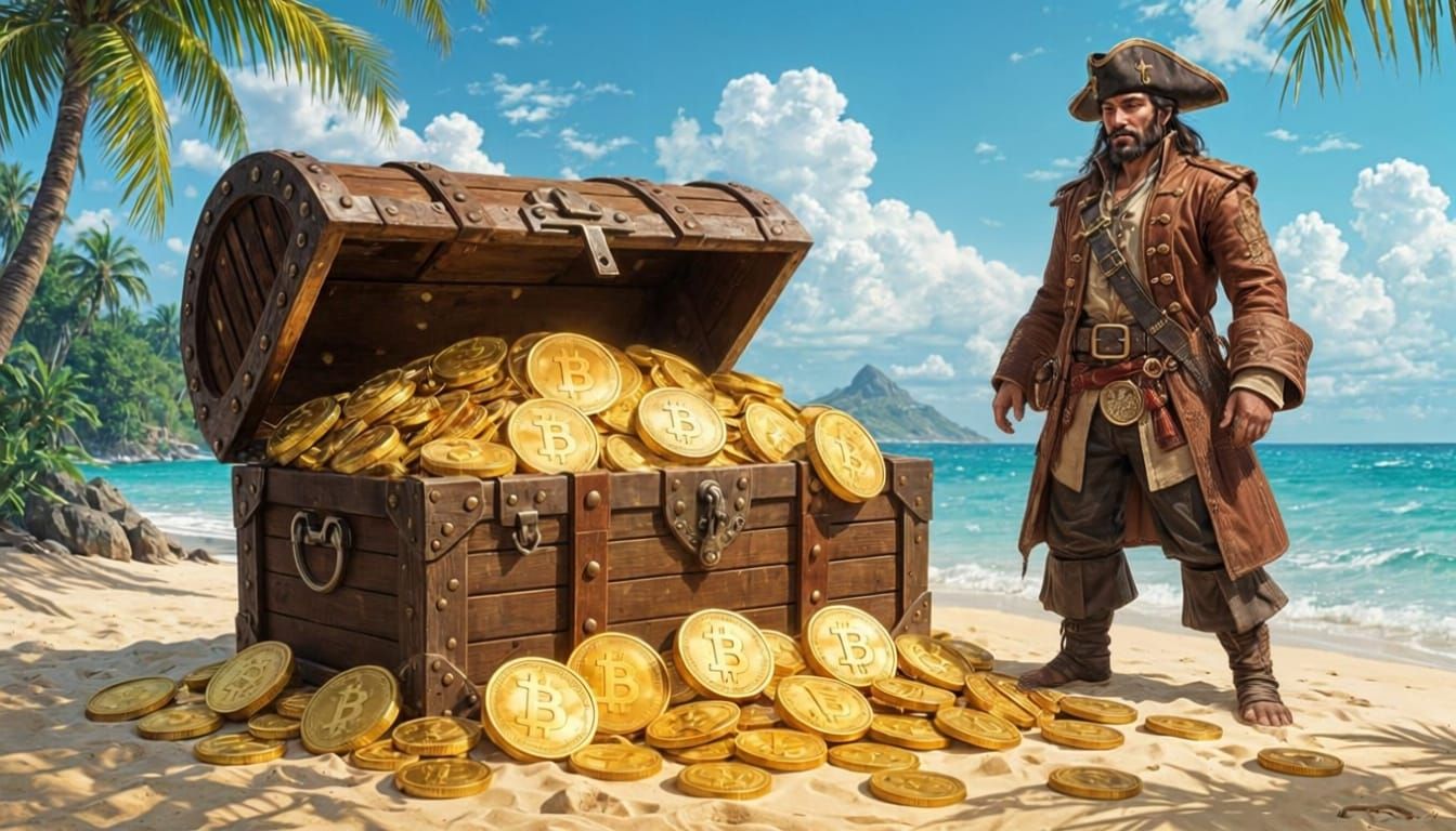 Pirate Treasure Chest Overflowing with Bitcoin
