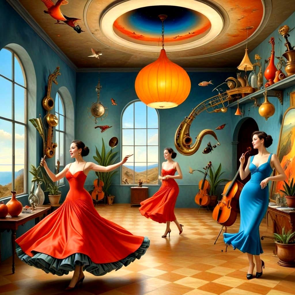 Surrealistic Portraits of Happy Ladies with Musical Instrume...