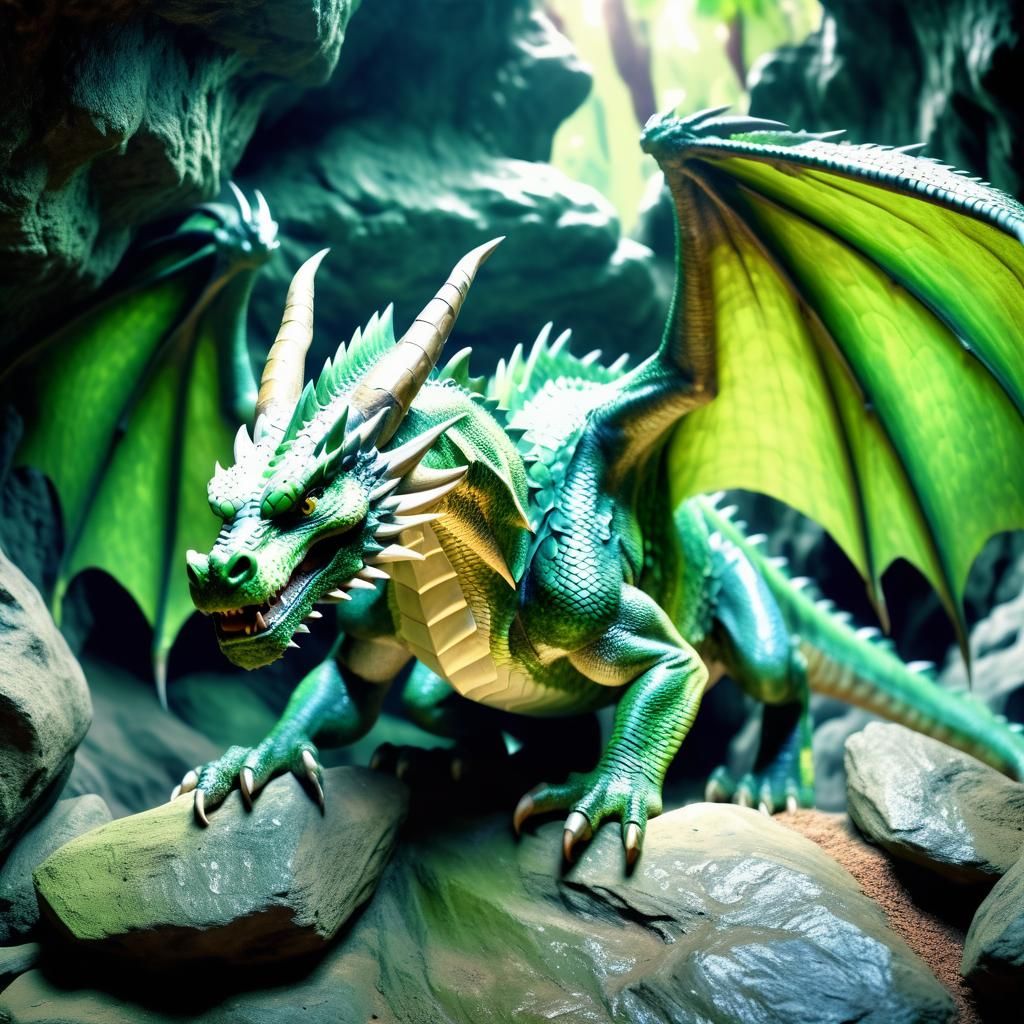 Green dragon in a cave color corrected sharp focus dynamic lighting hyperdetailed