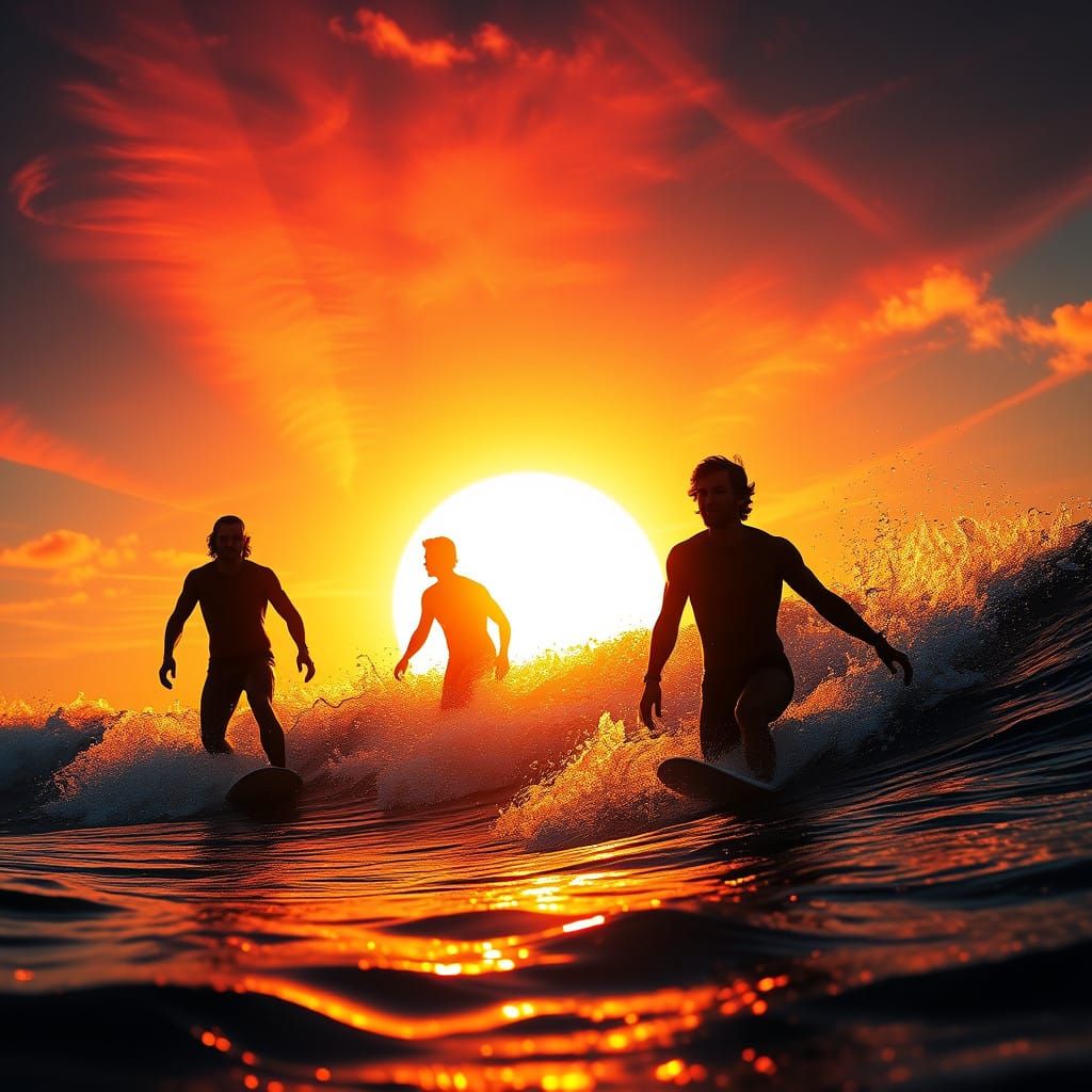 A peaceful sunset view over the ocean, with surfers catching their last waves of the day  by @Barabashka