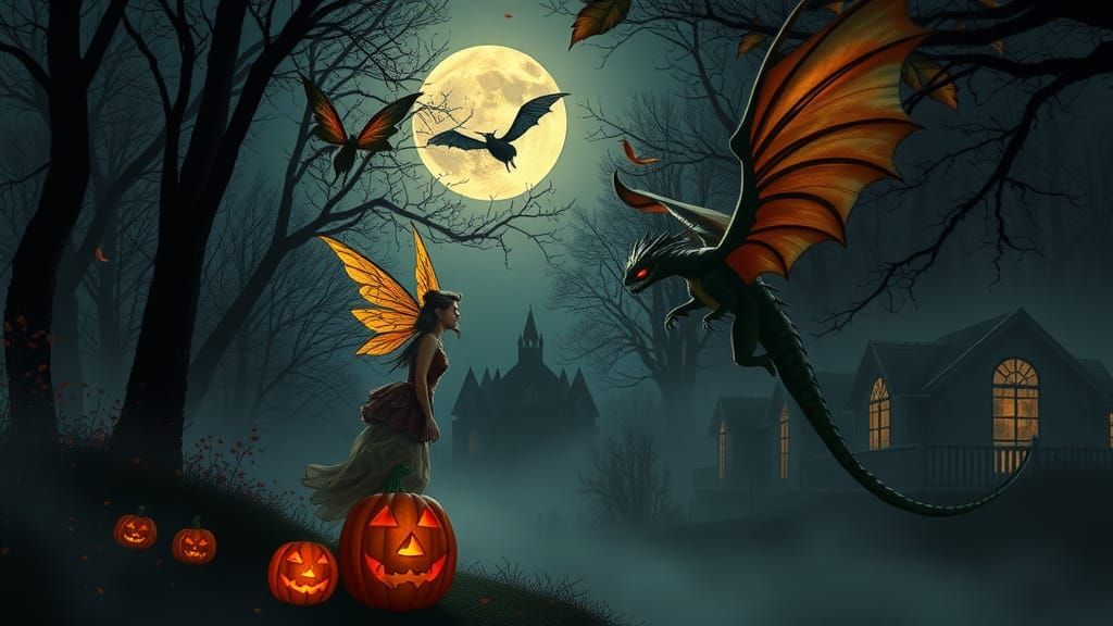 On Halloween night, under moon’s eerie glow,
Fairies and dra...