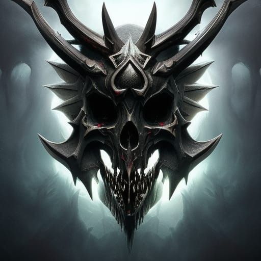very close skull with a big wing warrior, looking terror, th...