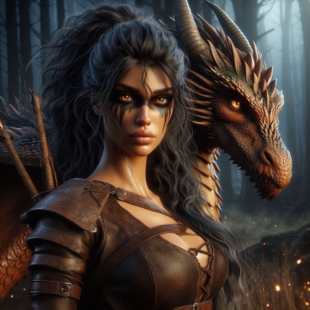 Barbarian Woman and Dragon