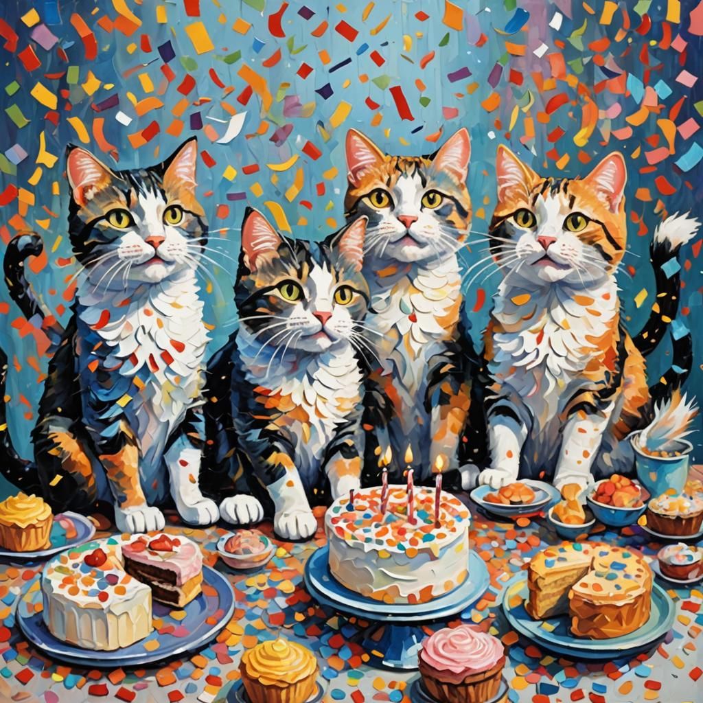 4 cats celebrating with confetti and cake