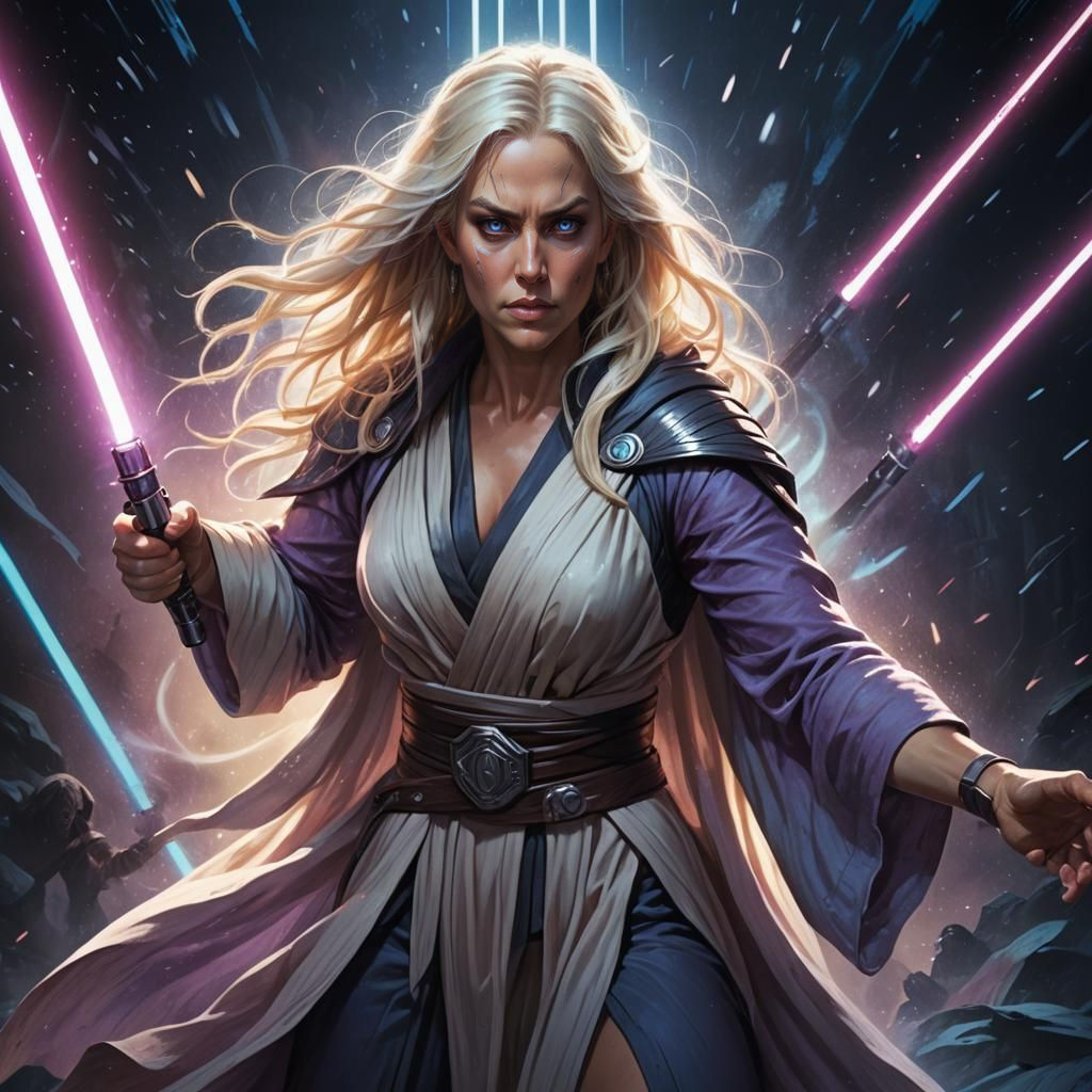 Concept art of a platinum blonde Jedi Master. Medium shot. A muscular woman with long hair holds a lightsaber in perfect hands, dressed in i...