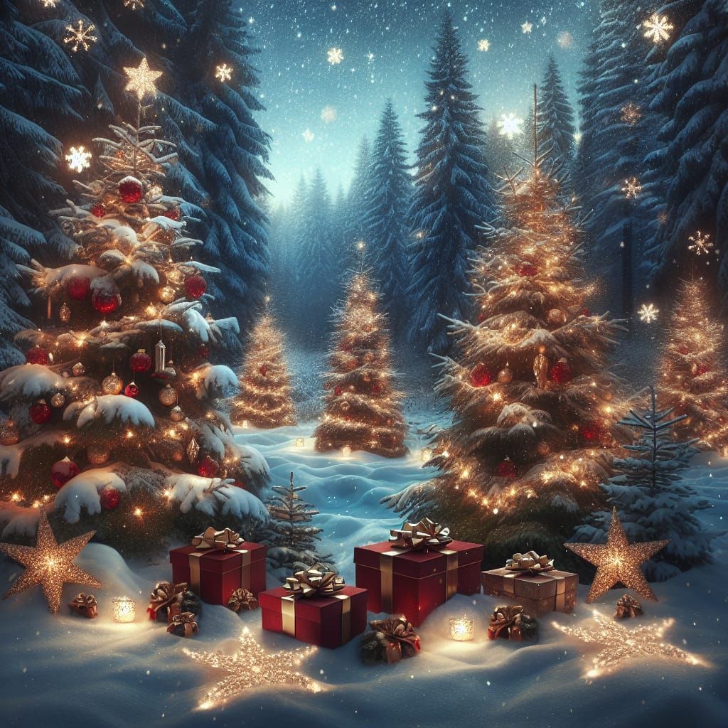 Christmas trees in nature with gifts
