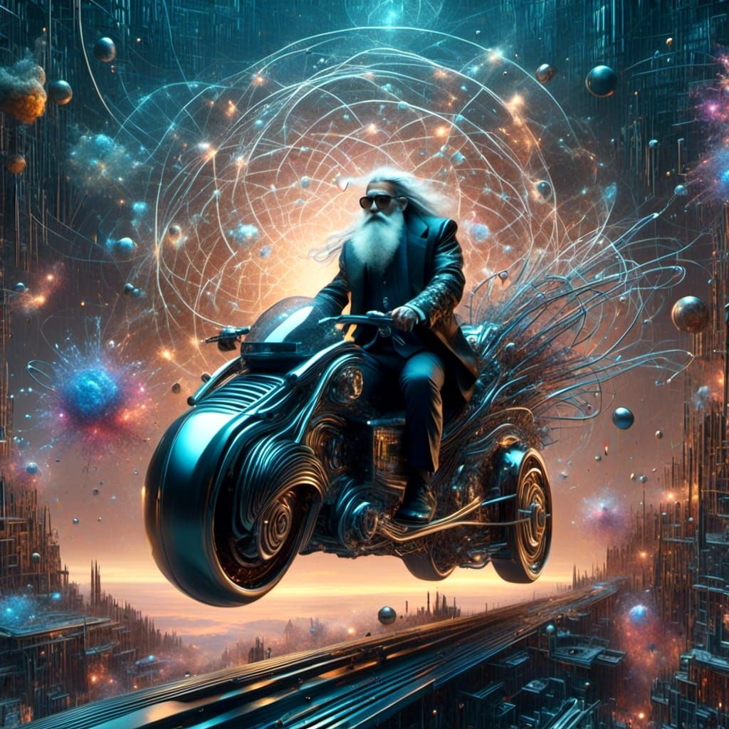 <lora:QDR:1.0> A wizard riding a futuristic motorcycle.