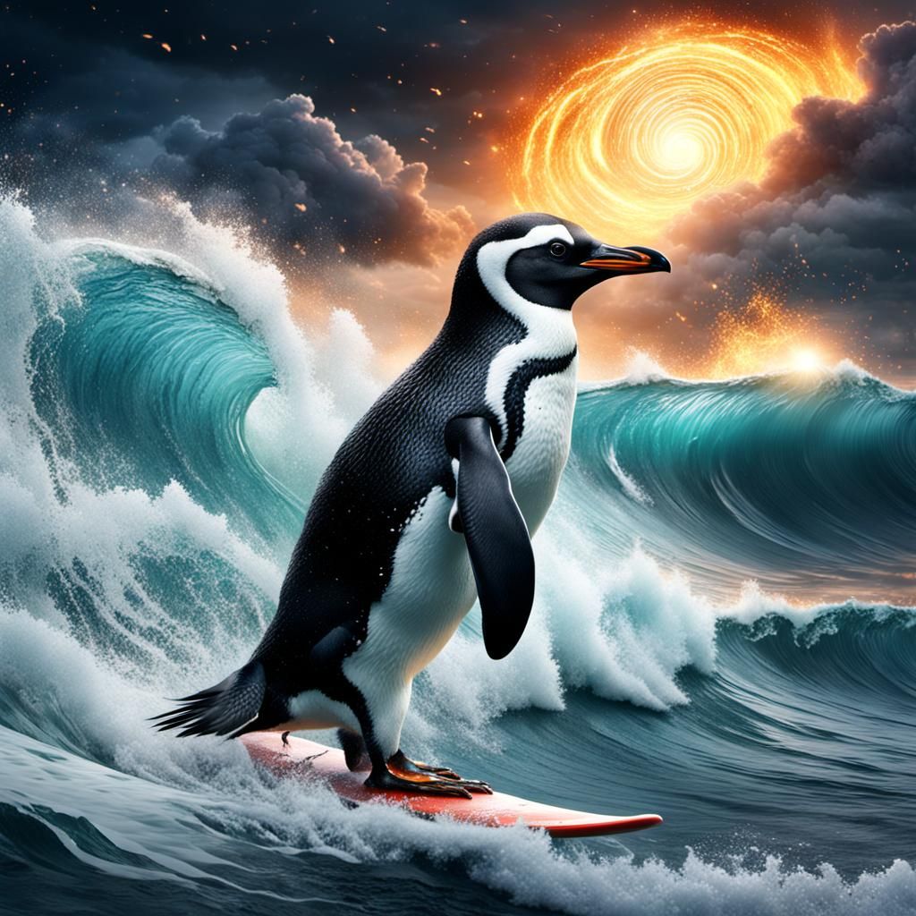 Surfing Penguin Meets Giant Waves 