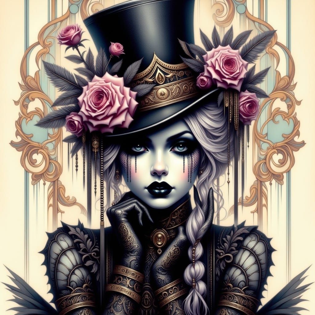 <lora:Romantic Goth:1.0> stunning *lady hatter* with silver braids mad hatter top hat grunge style punk aesthetic gritty grunge antique wat...