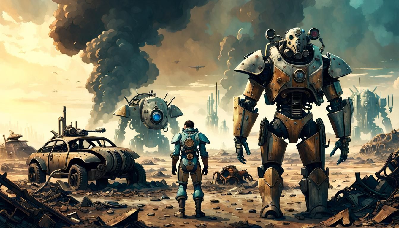 Vapor smoke fallout survivor in mechanical armor in a (waste...