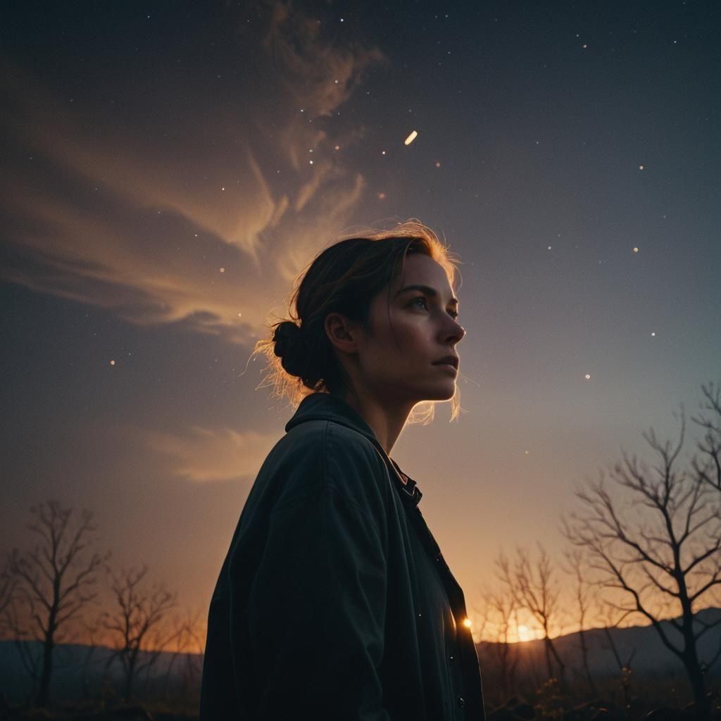 Woman as a Guiding Light in Dark Landscape