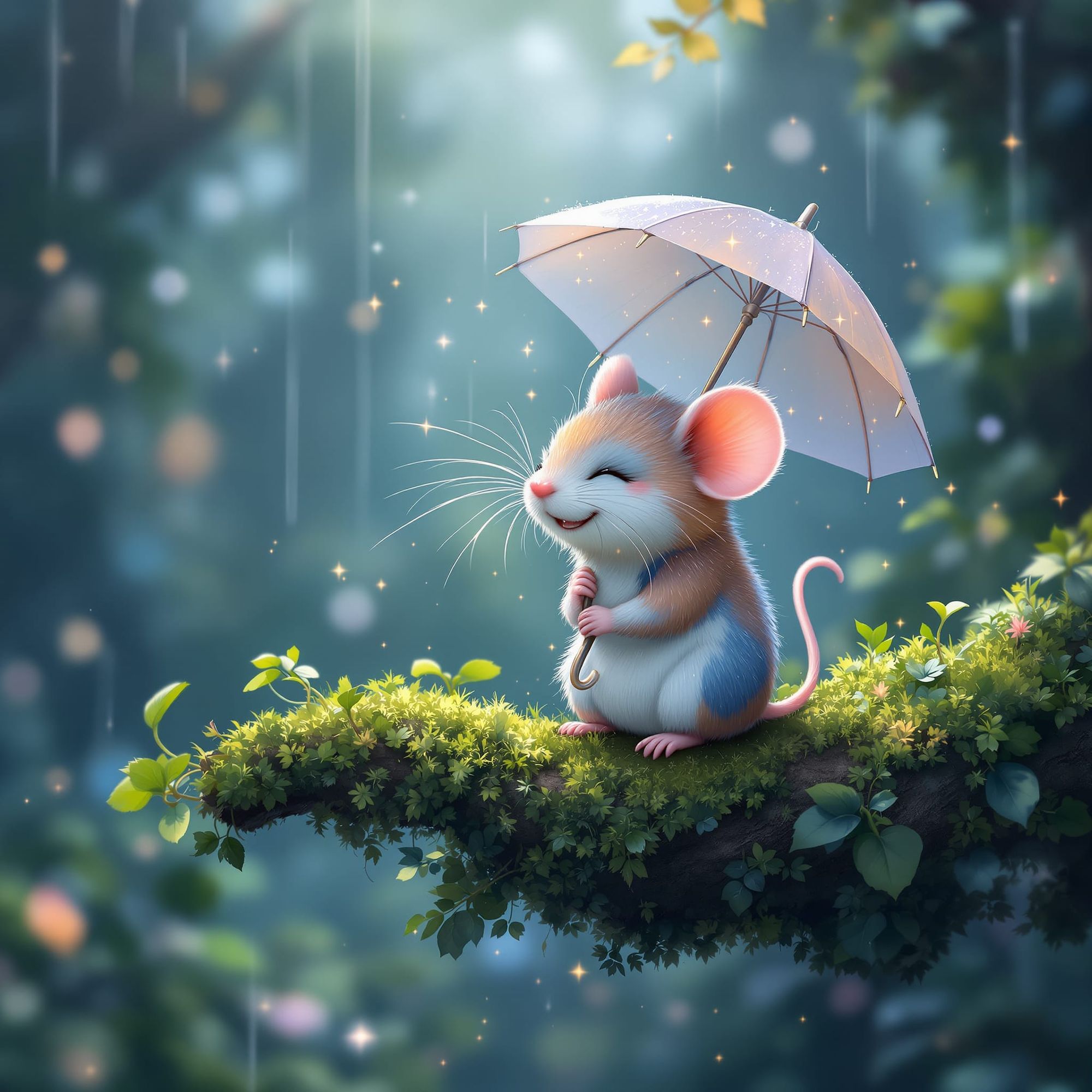 Happy Forest Mouse in the Rain  Open prompt...