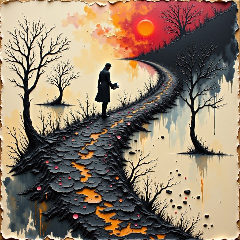 Silhouette Walker in Crimson Sunset Concept Art