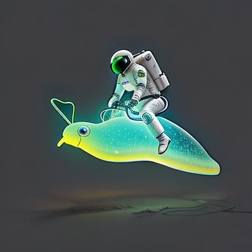 astronaut  riding a bio-luminescent slug with a saddle