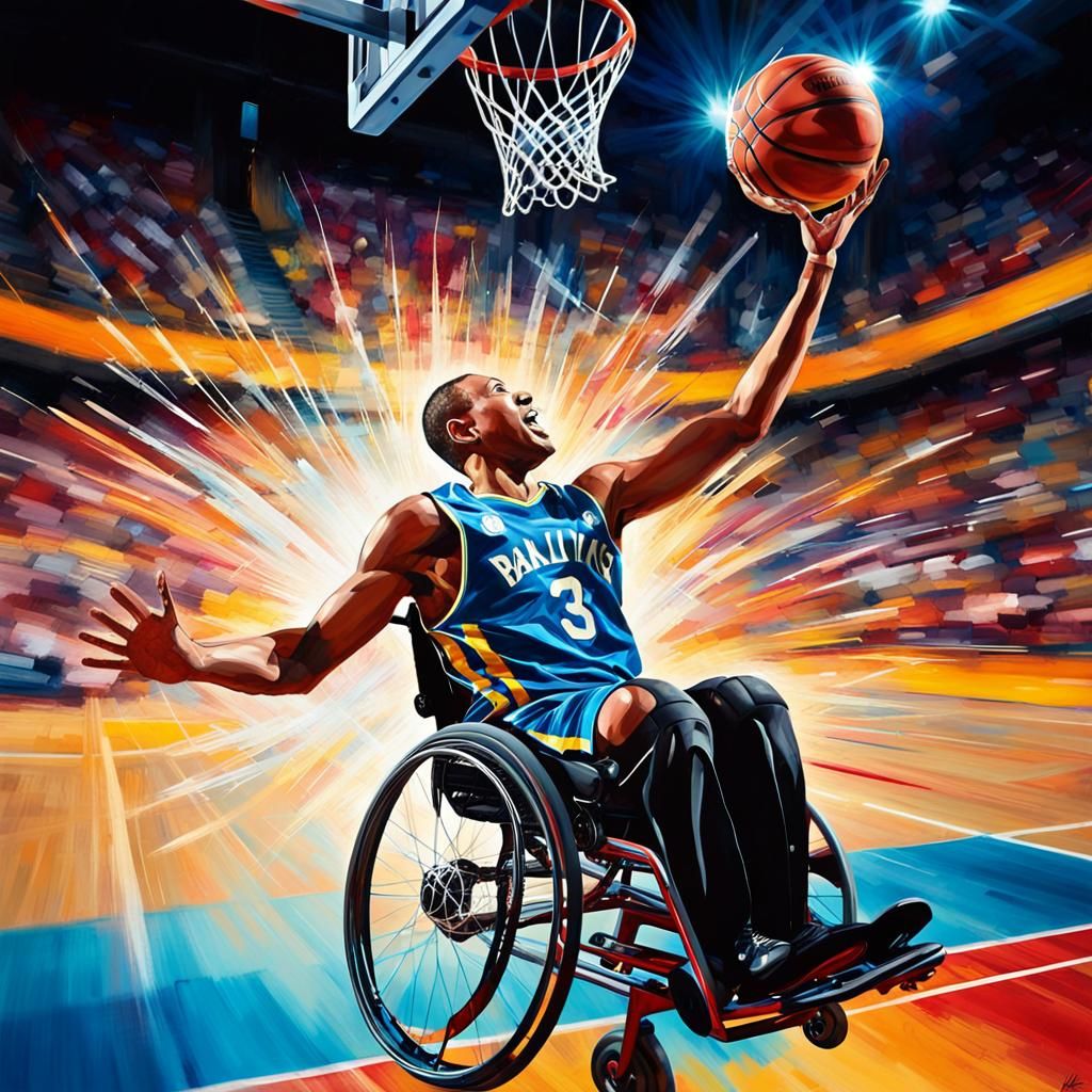 Dynamic Paralympic Basketball Slam Dunk in Sports Art Style