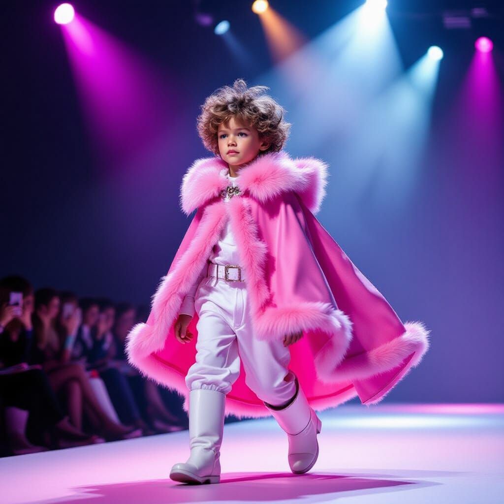 Young Model Struts Runway in Pink Cape