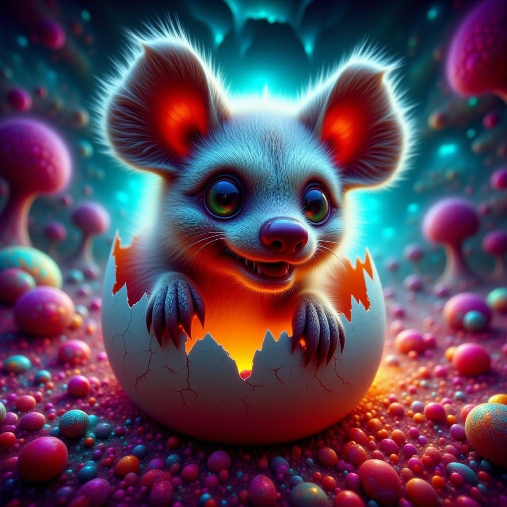 <lora:-Surreal Hatchlings-:1.0> a cute chibi hyena hatching from an egg, chromatic surrealism luminous fractalia, glowing background