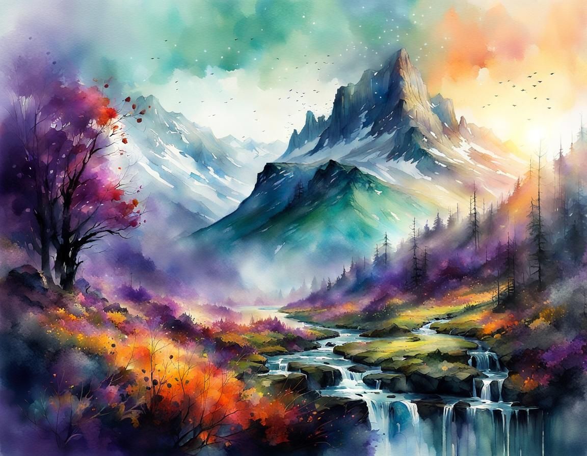 Watercolor Sunrise over Autumn Mountains with Waterfalls