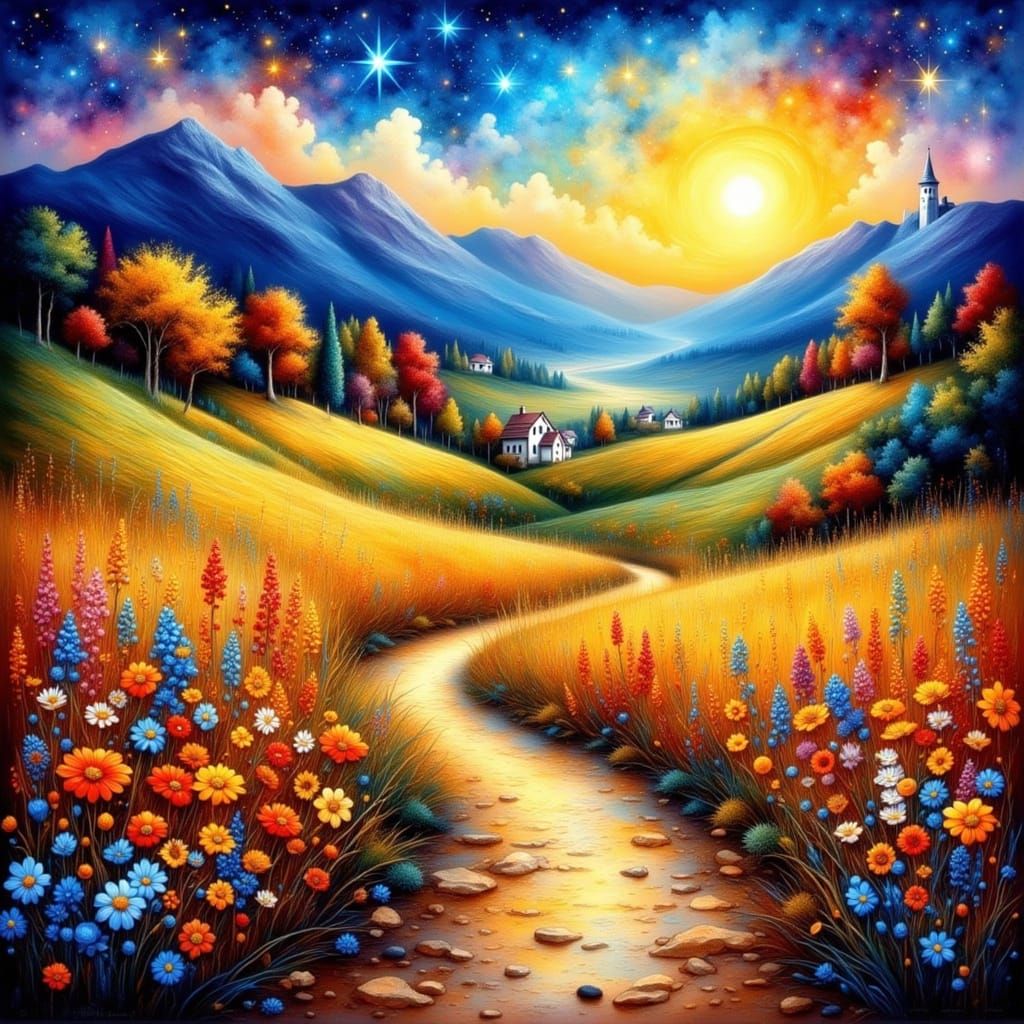 Dreamy Autumn Landscape: Golden Path and Starry Sky
