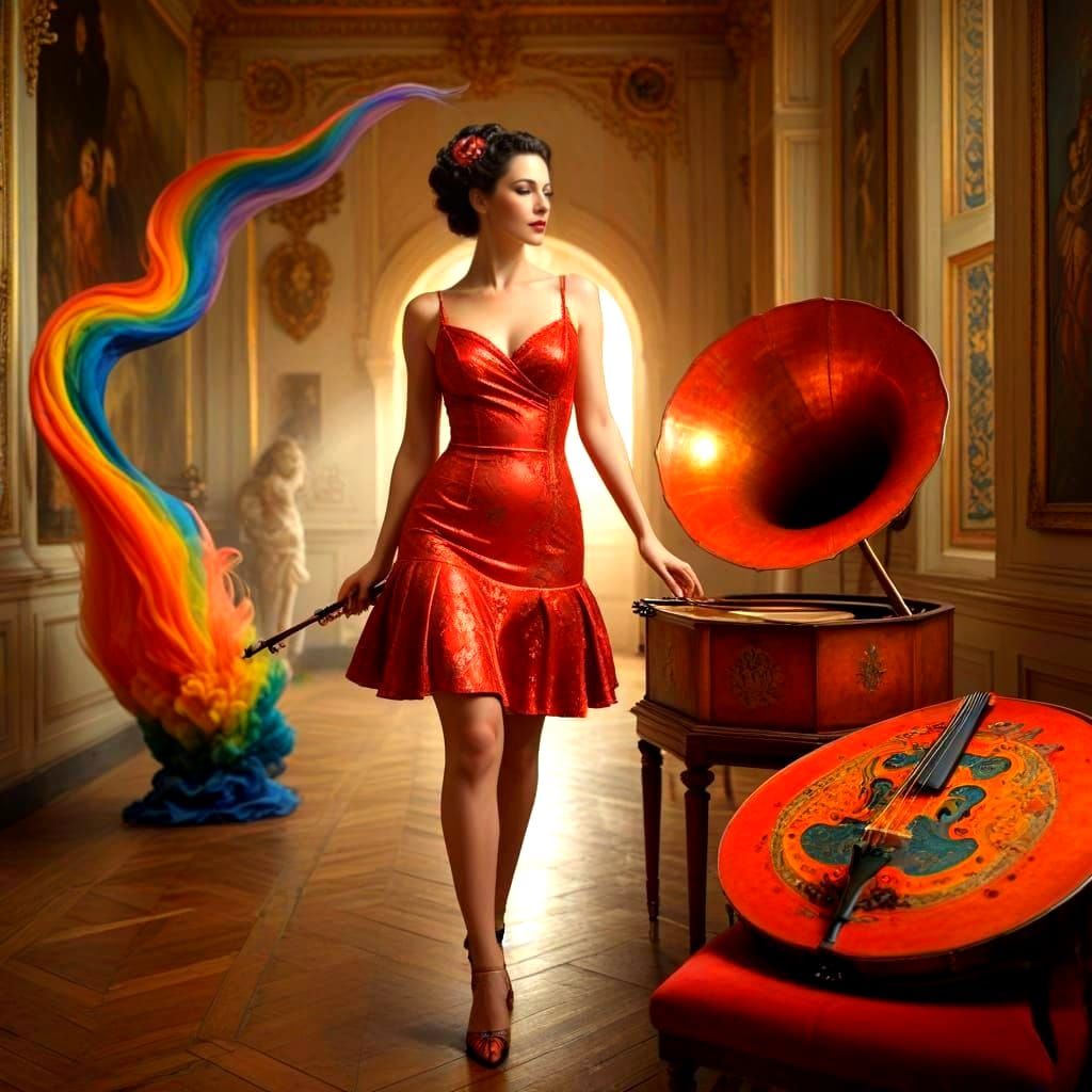 Enchanting Lady Plays Musical Instrument in Vibrant Surreal ...