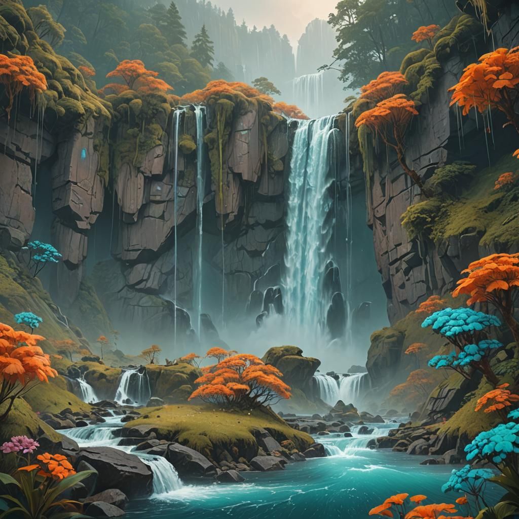 Majestic Waterfalls and Flowers in Fantasy Landscape