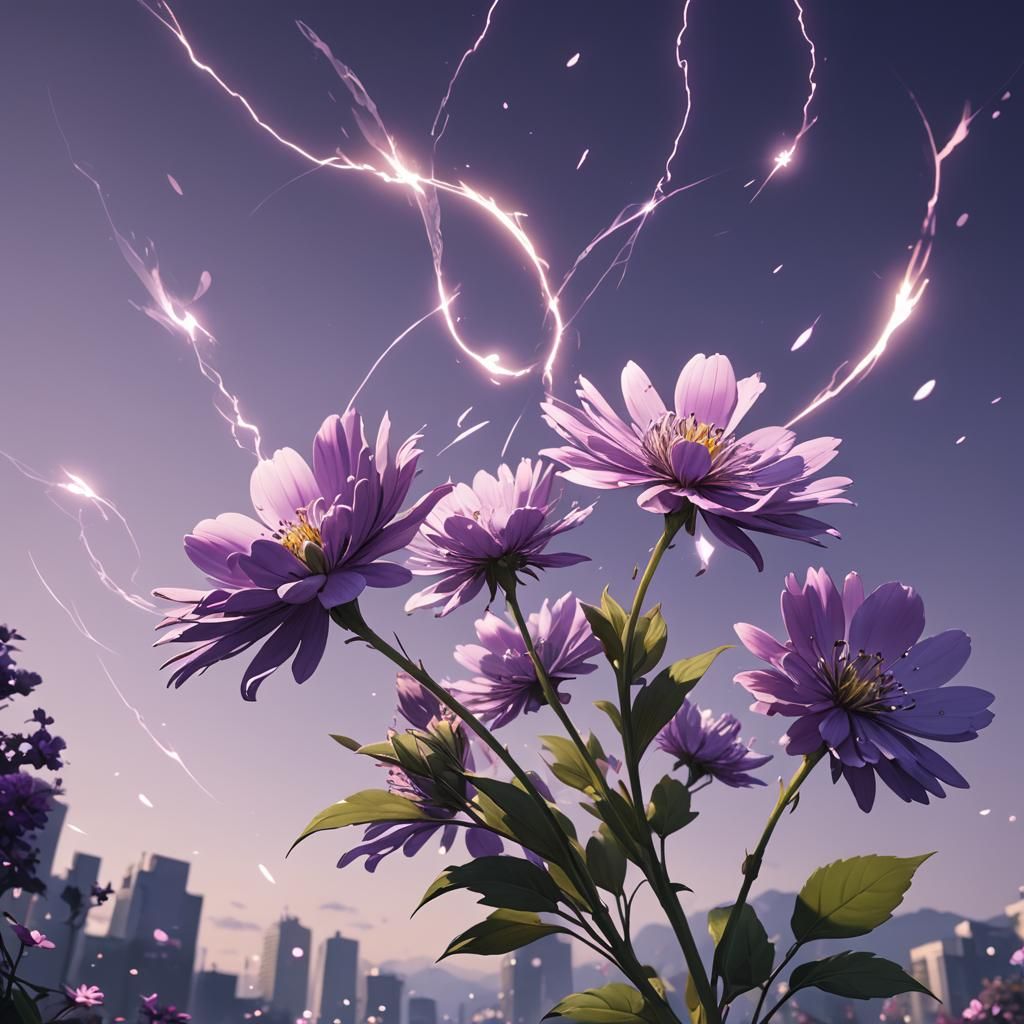 A purple flower in the air with a flash around it AI Generated Artwork NightCafe Creator
