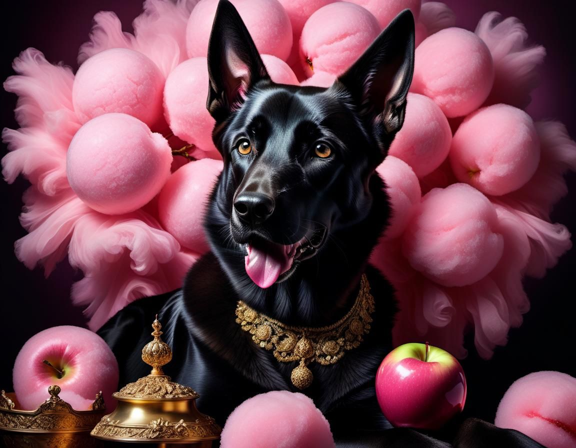 Malinois and pink apples