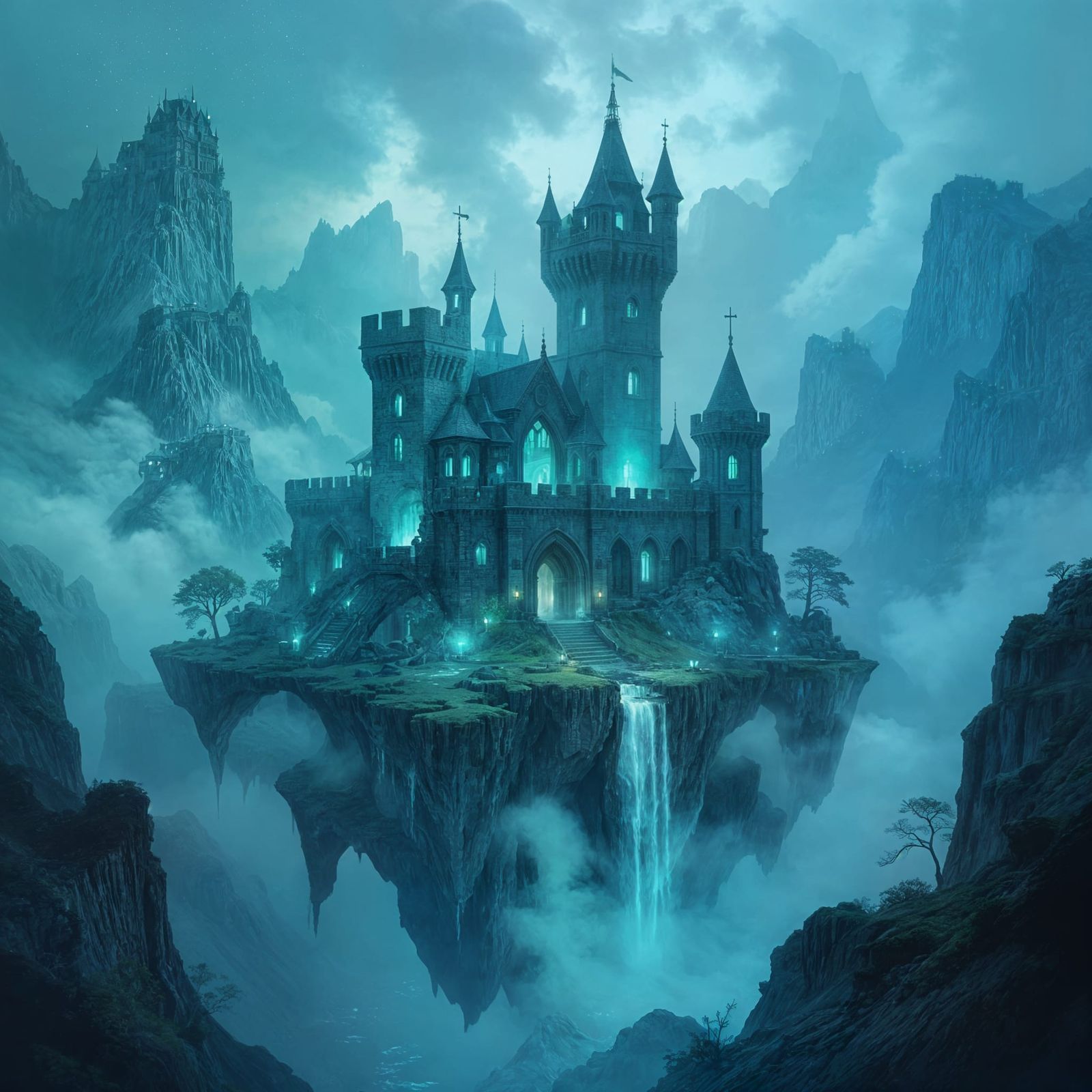 A solitary, crumbling castle perched precariously on a floating island, shrouded in ethereal mist. Bioluminescent ...  by @SirGayle