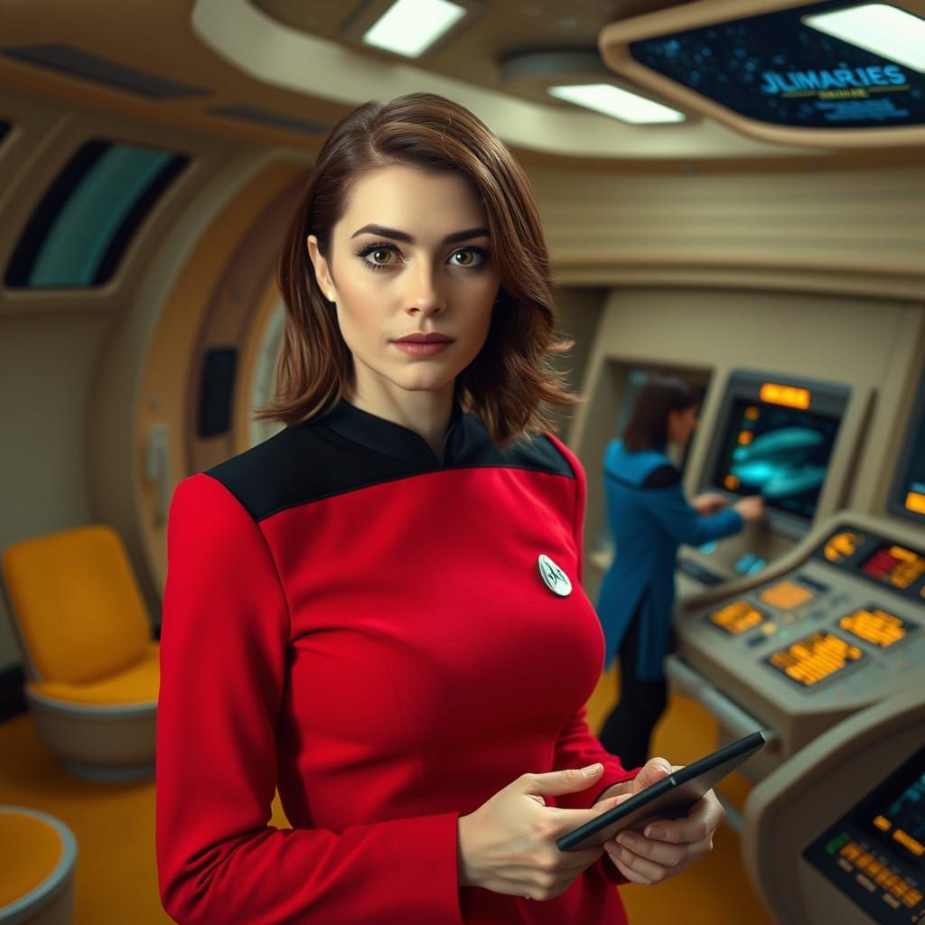 "Photorealistic portrait of a Caucasian female human in her mid-twenties, styled in the Star Trek: The ...  by @undefined