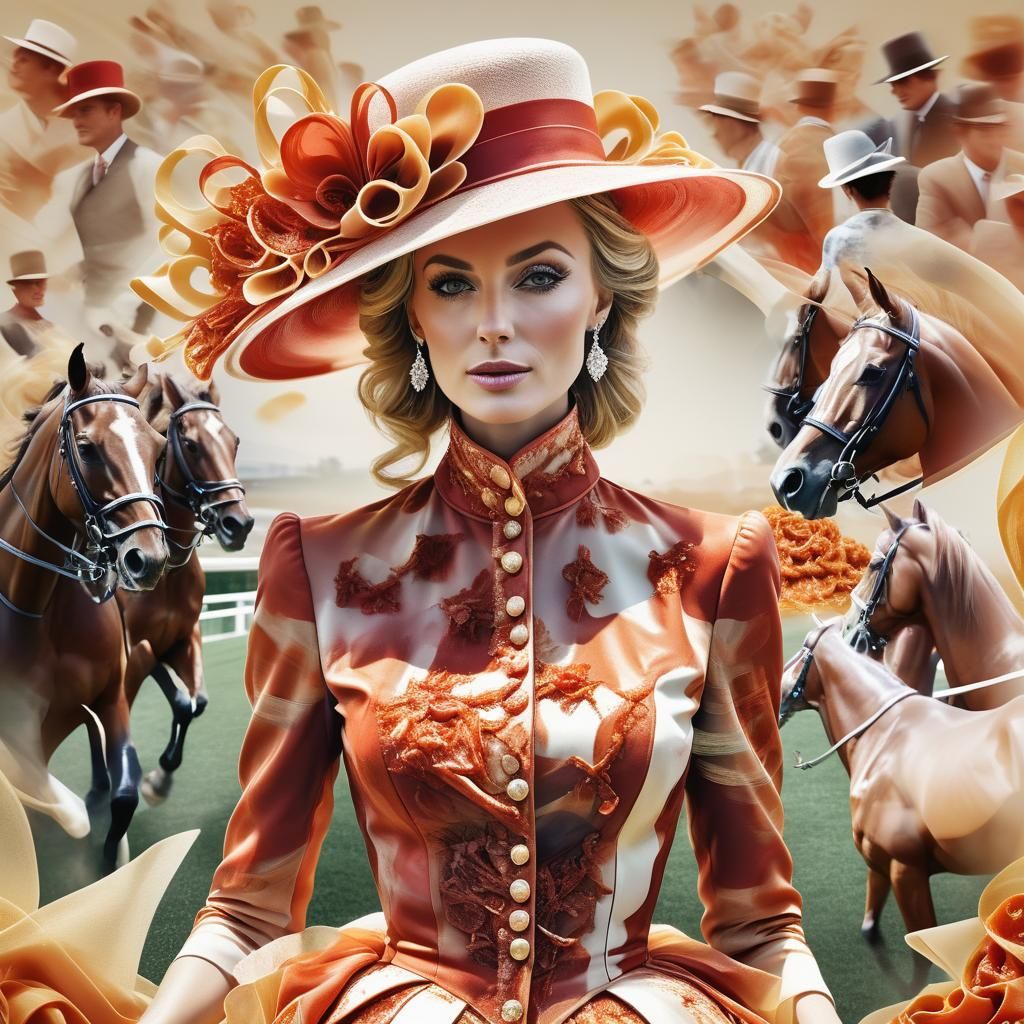 Doppelbelichtungsporträt einer Dame in prächtiger Kleidung, die einen opulenten Hut trägt – Ascot-Pferderennen ...  by @Pastaqueen
