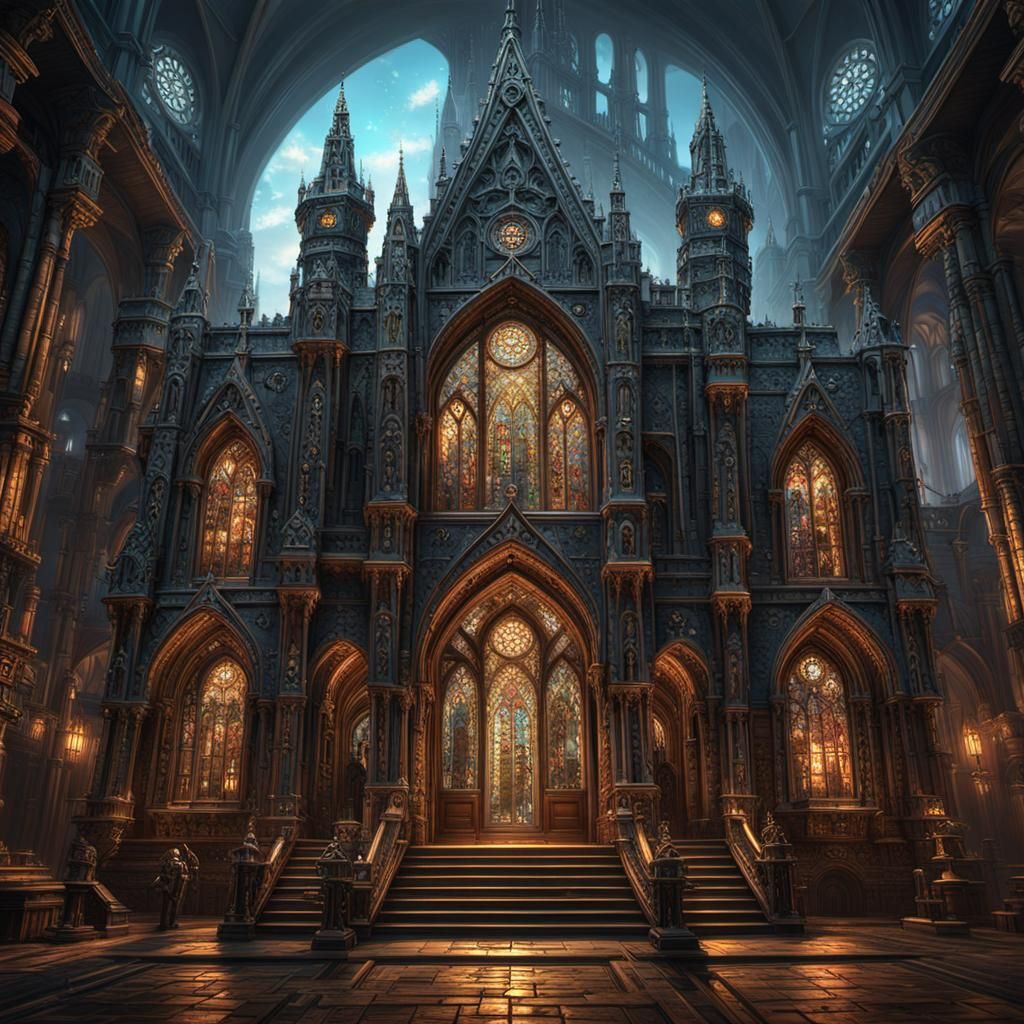 steampunk Neo-gothic temple complex Hyperrealistic, splash art, concept art, mid shot, intricately detailed, color depth, dramatic, 2/3 face...