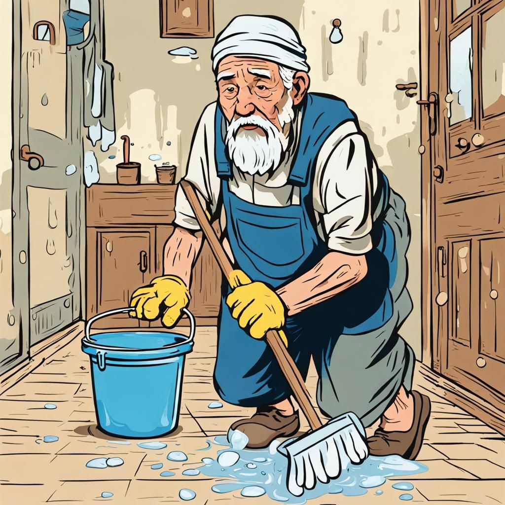 An old man cleans the house, the old man is very tired becau...