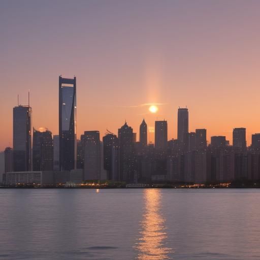 City skyline across the water at sunset