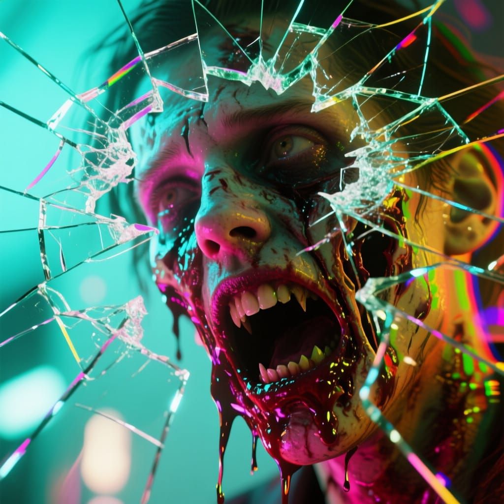 a melting  glitching human face fractured by glass horror, chromatic aberrations, light leaks, dramatic angle, extreme angle shot, neon colo...
