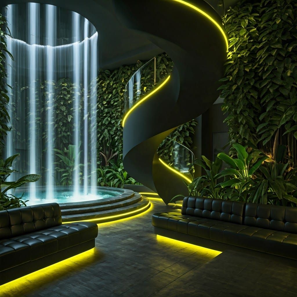Modern architecture space Age styled fluorescent yellow and black luxury indoor spa with scenographic waterfalls and dynamic stairway and ch...