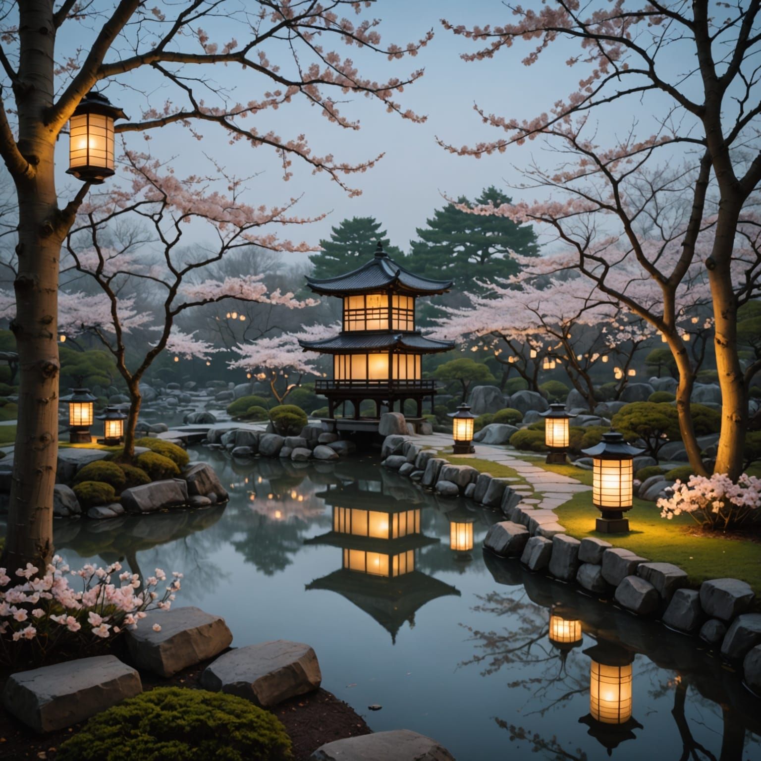 A serene Japanese garden at dusk, with stone lanterns lining a winding path. Paper lanterns hang from ...  by @TM